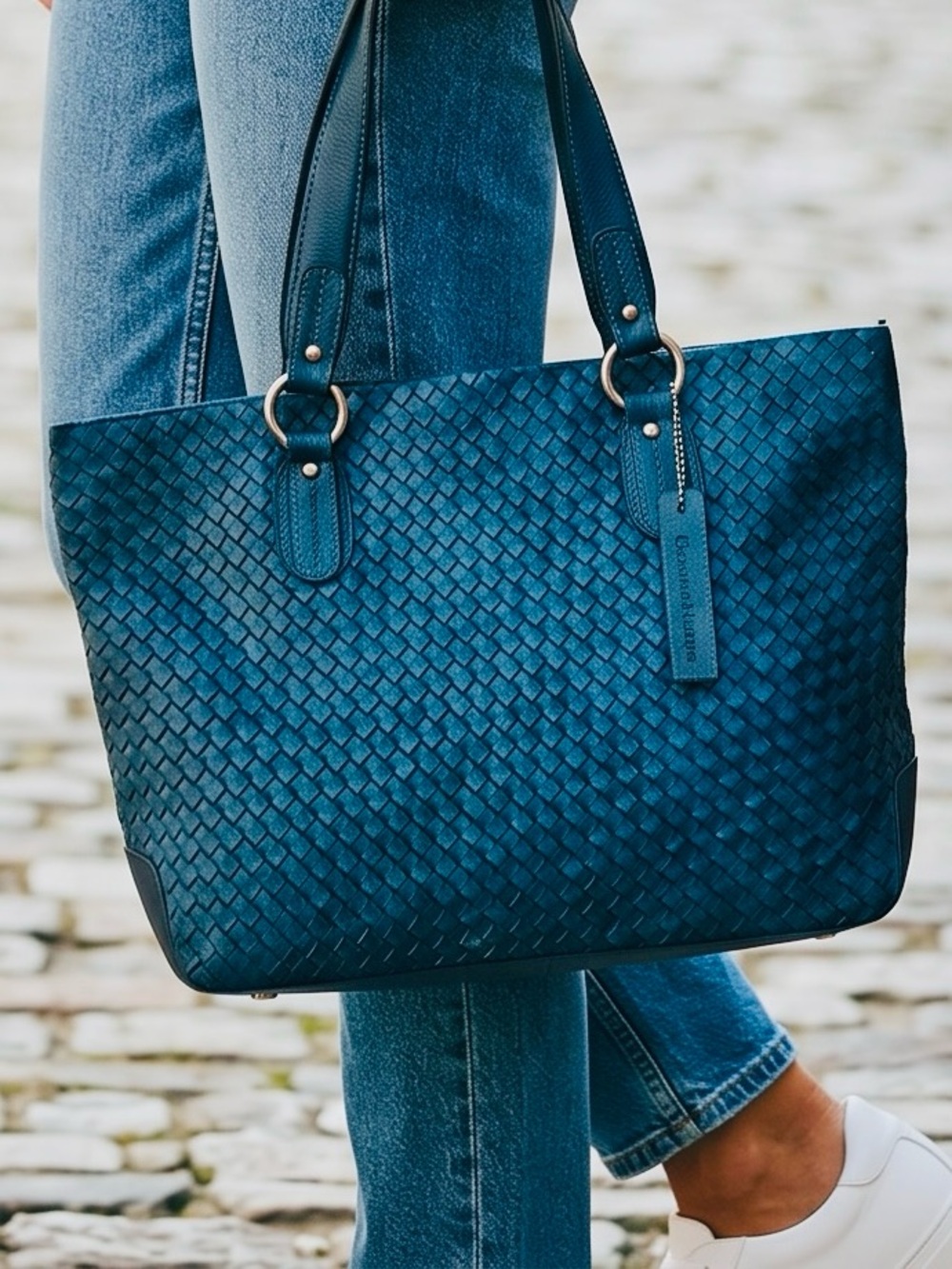 NWOT- Nino Bossi Genuine Leather Woven Tote – Teal Blue